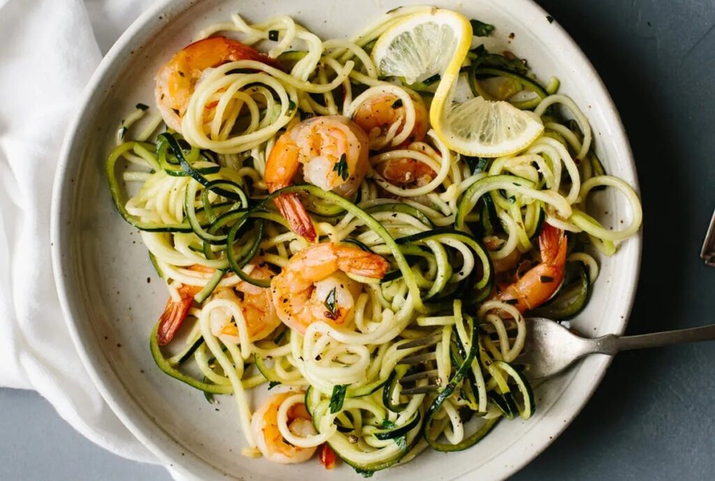 Garlic Parmesan Zucchini Noodles with Shrimp