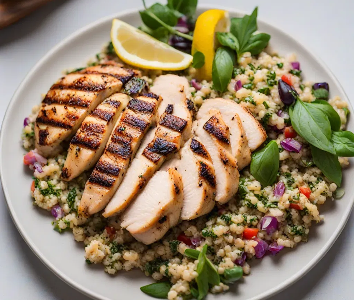 grilled lemon herb chicken with quinoa salad