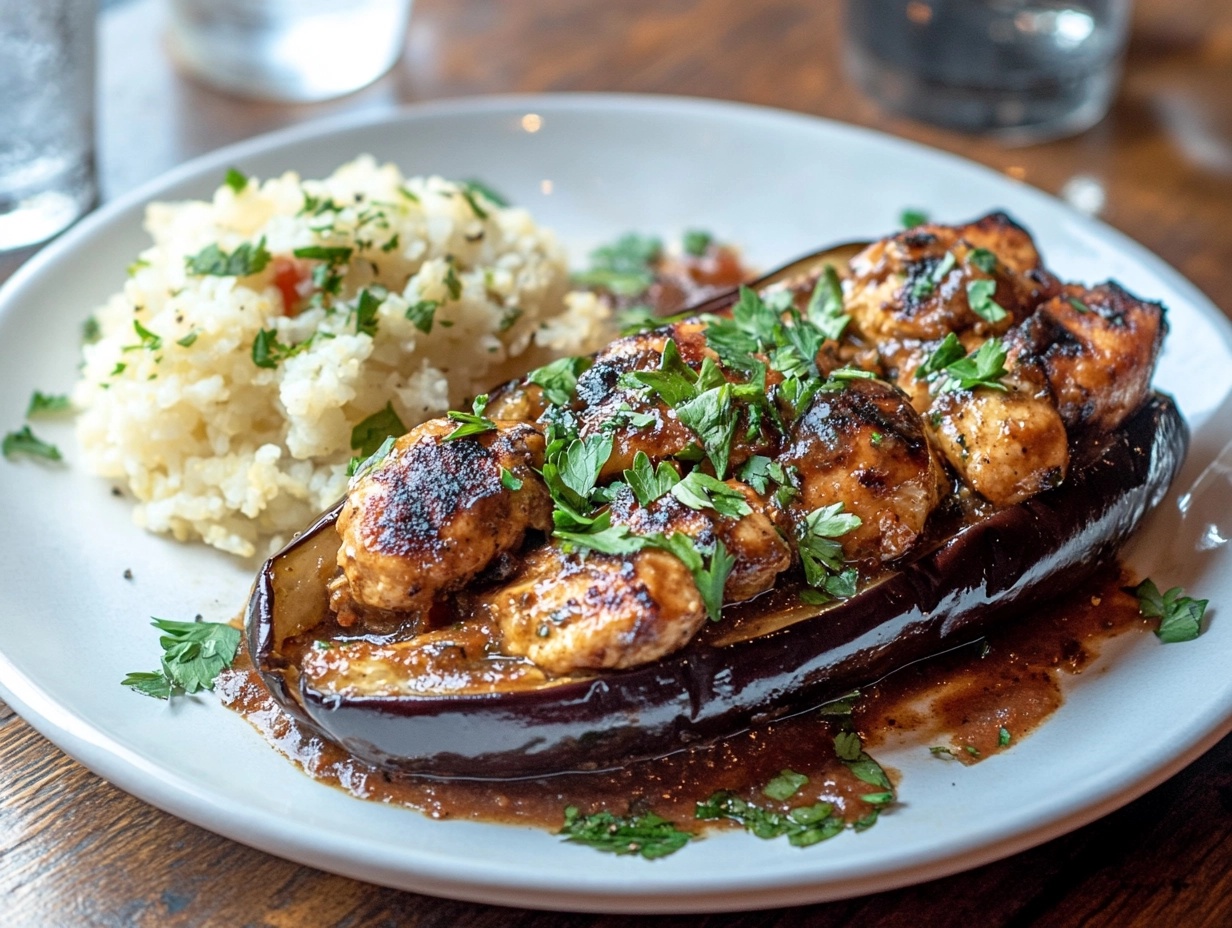 A finished eggplant chicken keto recipe served in a white bowl with parsley garnish.