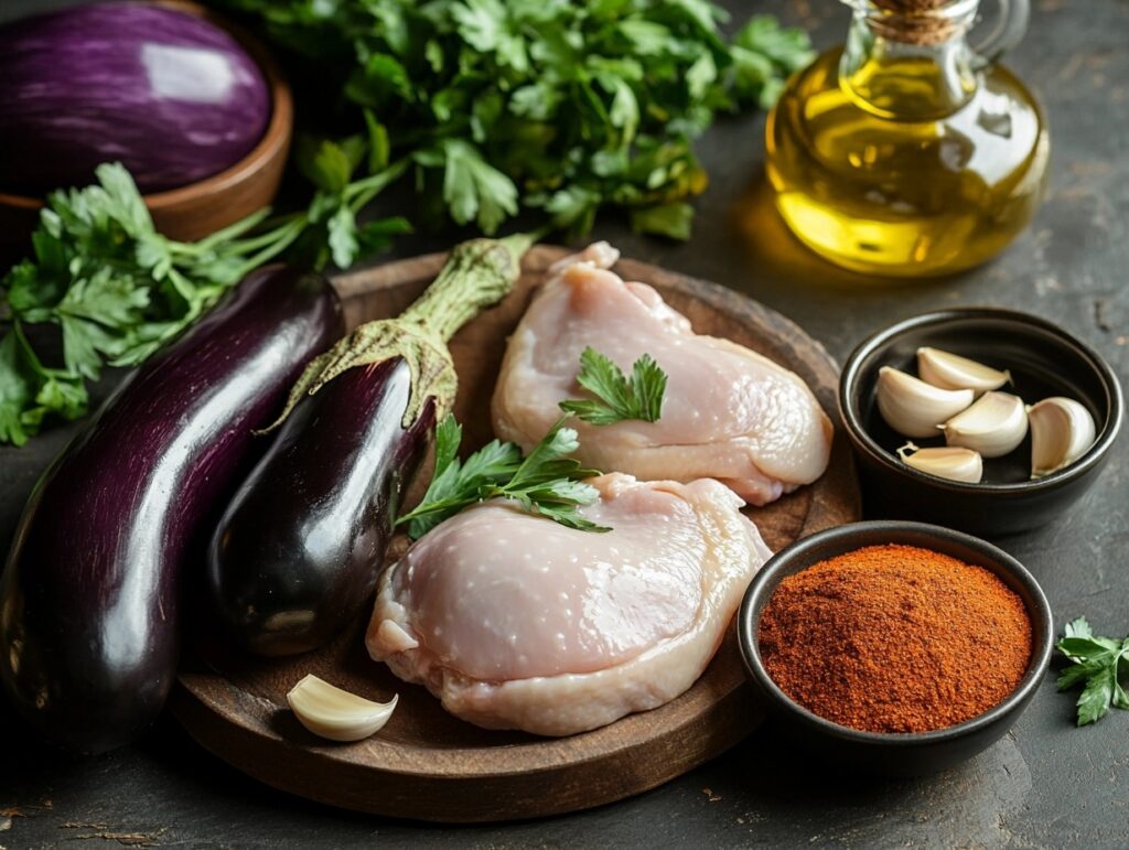 A kitchen countertop with fresh eggplant, chicken breasts, olive oil, garlic, and spices for a keto recipe.