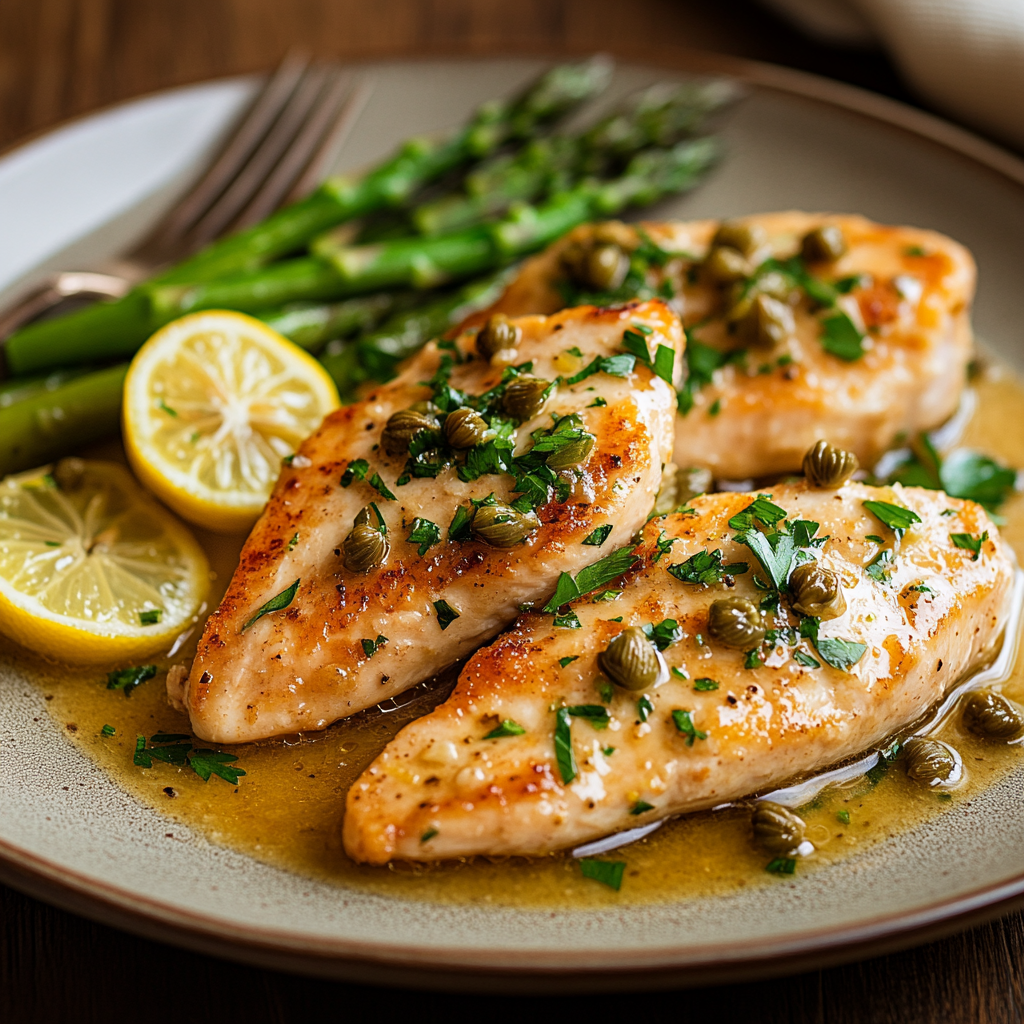 Healthy chicken piccata served with lemon-caper sauce and steamed asparagus