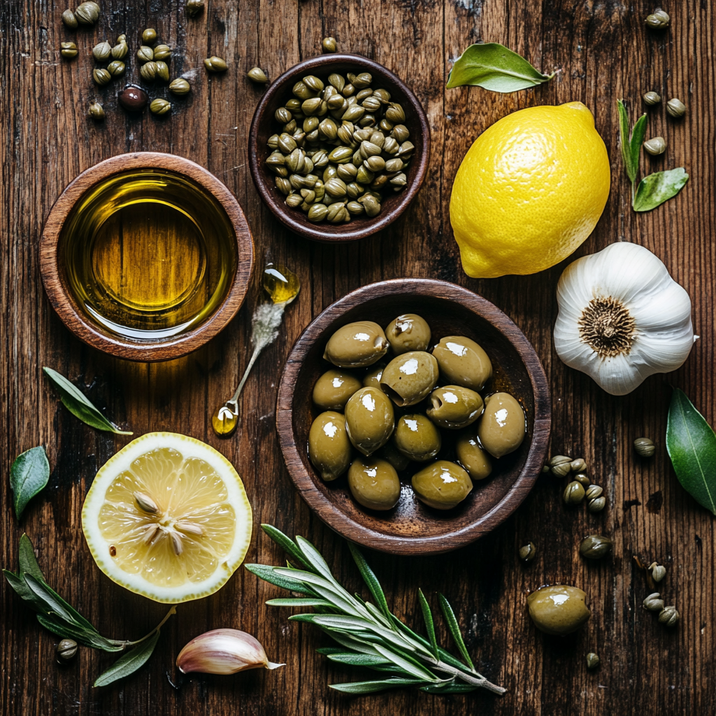 Kalamata olives, capers, garlic, lemon slices, and olive oil on a wooden table