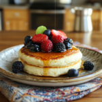 Stack of keto cottage cheese pancakes topped with fresh berries and sugar-free syru