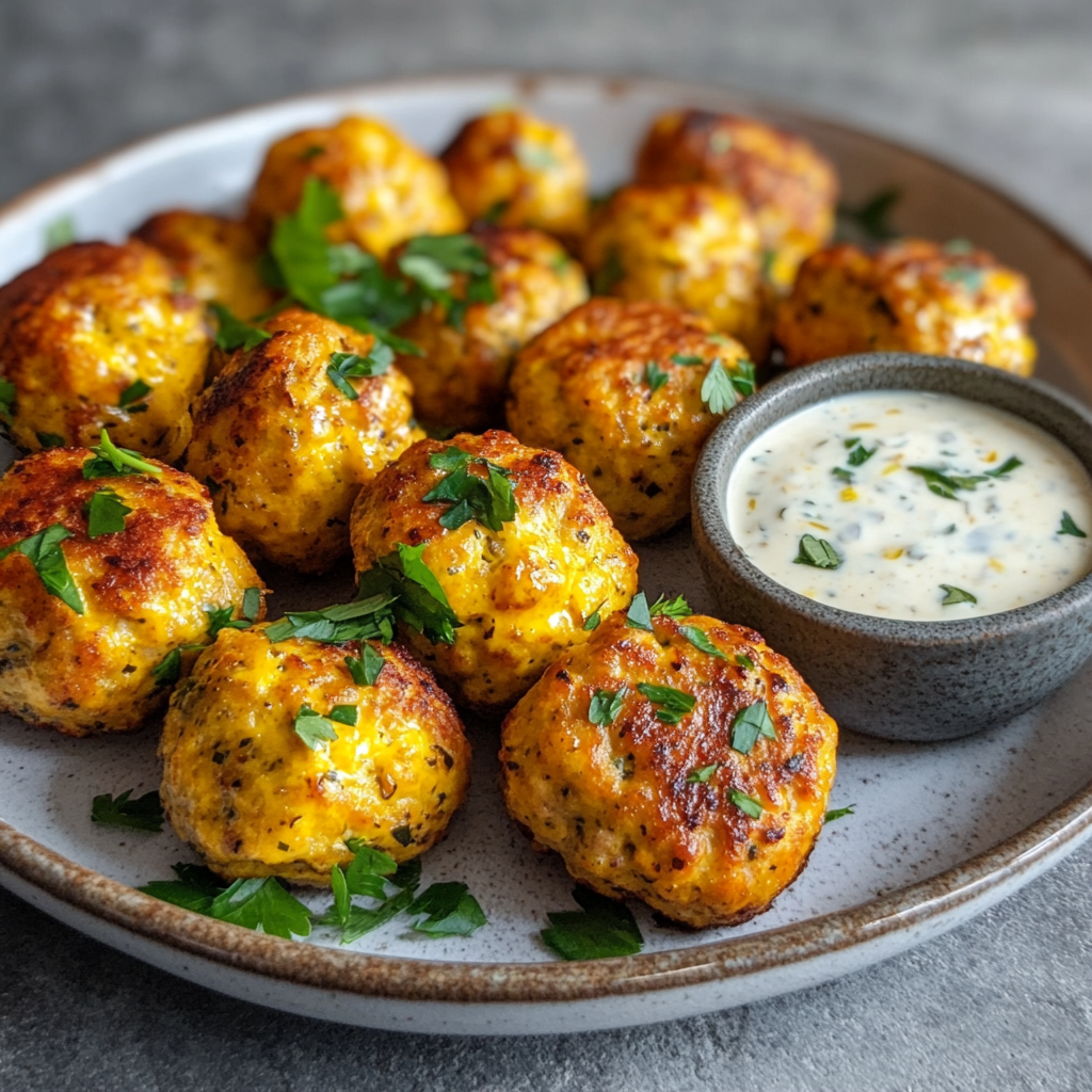 Juicy keto beef meatballs made in an air fryer, served with parsley and sauce