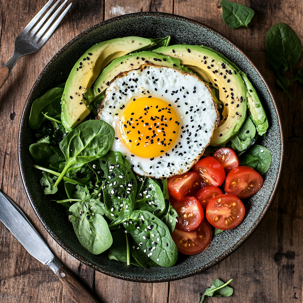 A vibrant clean keto breakfast bowl with avocado, egg, spinach, and tomatoes on a rustic table