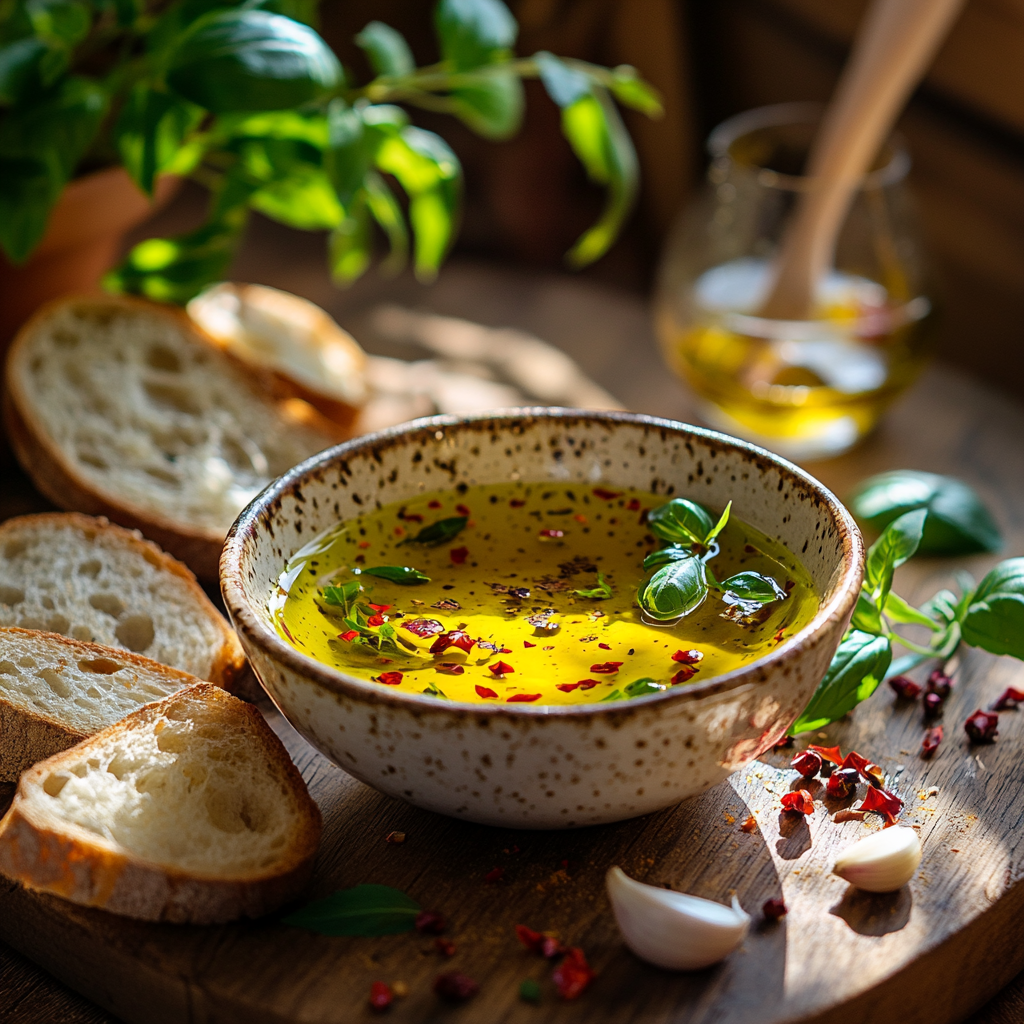 Rustic bowl of golden olive oil garnished with fresh herbs and bread slices