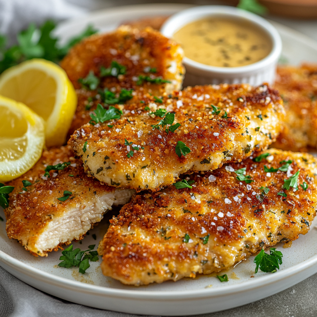 A crispy baked chicken schnitzel garnished with parsley and served with lemon wedges