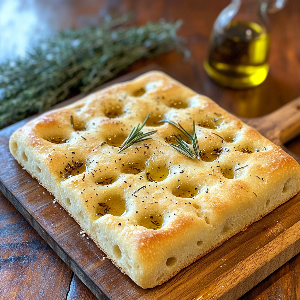 Overhead view of golden-brown focaccia bread with olive oil and rosemary on a cutting board