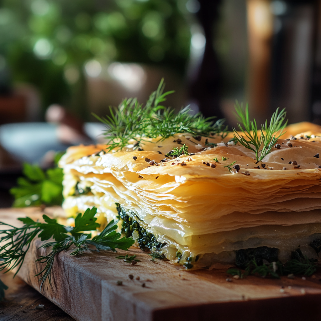 Close-up of golden-brown Spanakopita with flaky phyllo and spinach-feta filling