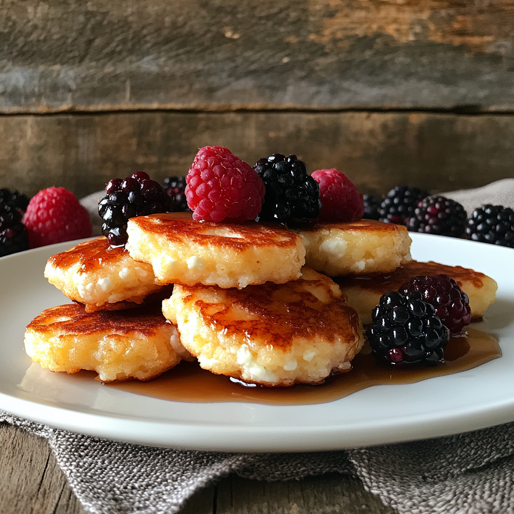 Golden cottage cheese pancakes with fresh berries and keto syrup