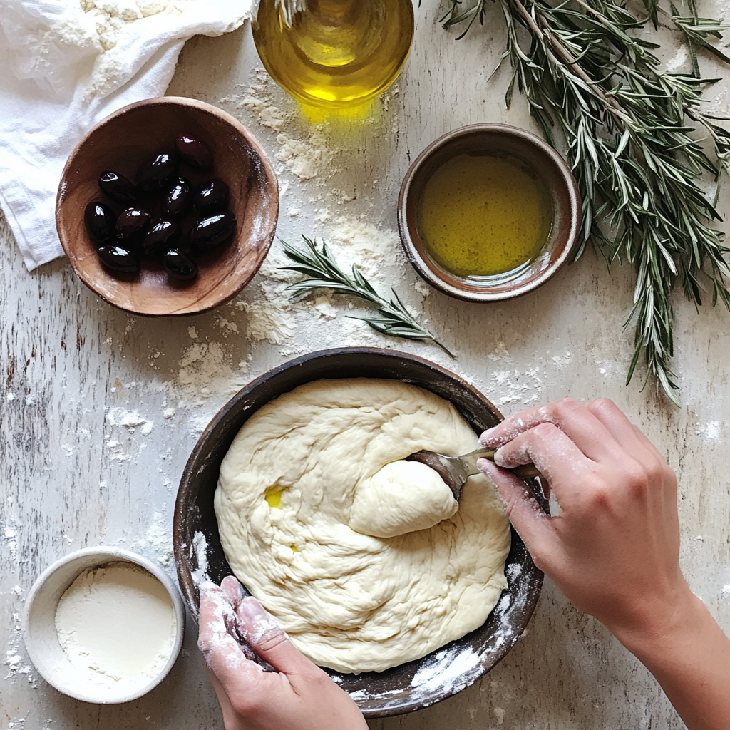 Hands kneading soft focaccia dough on a floured wooden surface, with olive oil, black olives, and rosemary nearby