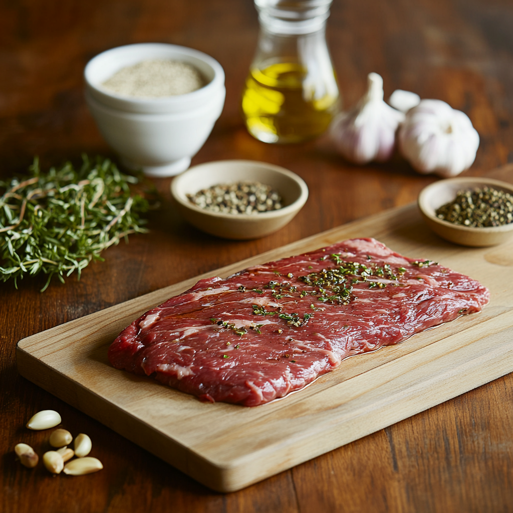 Raw flank steak being marinated with keto-friendly ingredients on a wooden board