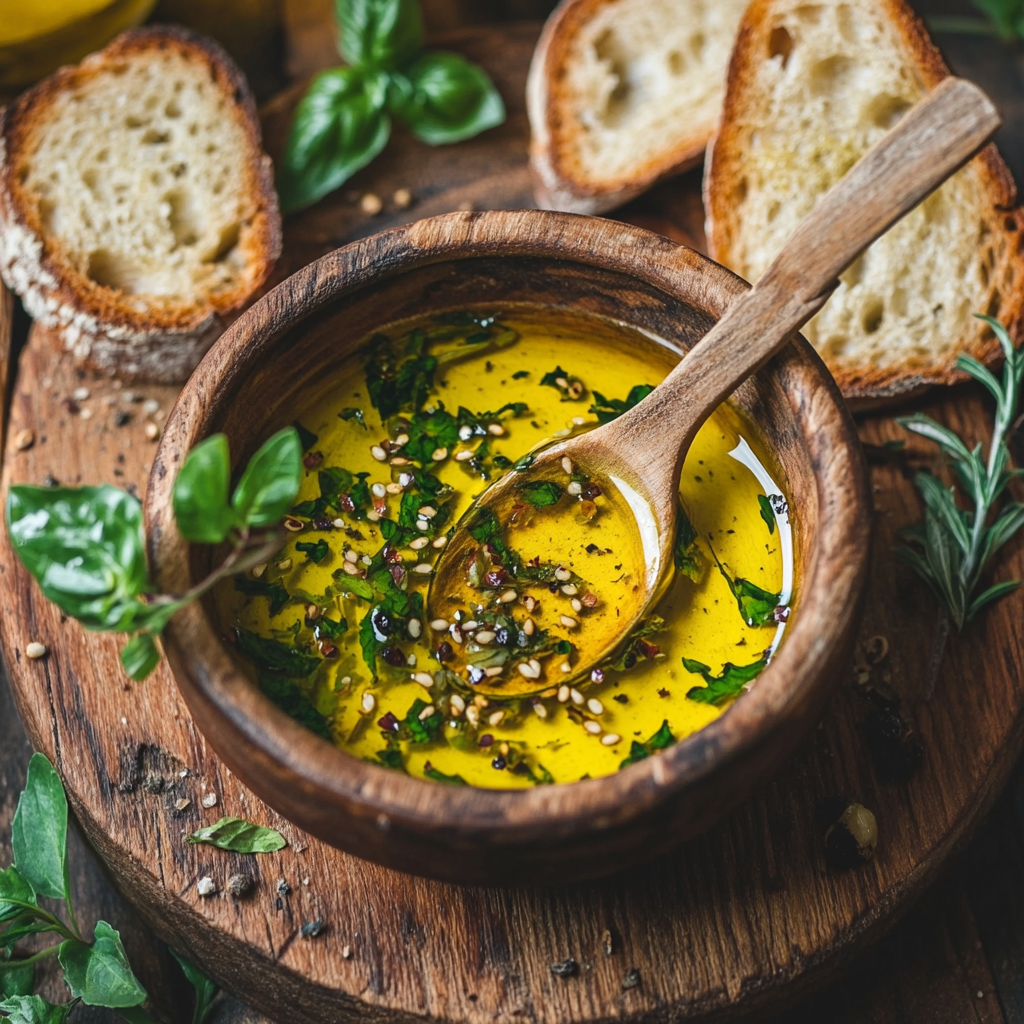 A bowl of golden Italian dipping oil with fresh herbs and keto-friendly bread