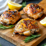 Boneless skinless chicken thighs seasoned with garlic, herbs, and olive oil, on a cutting board with rosemary and lemon wedges