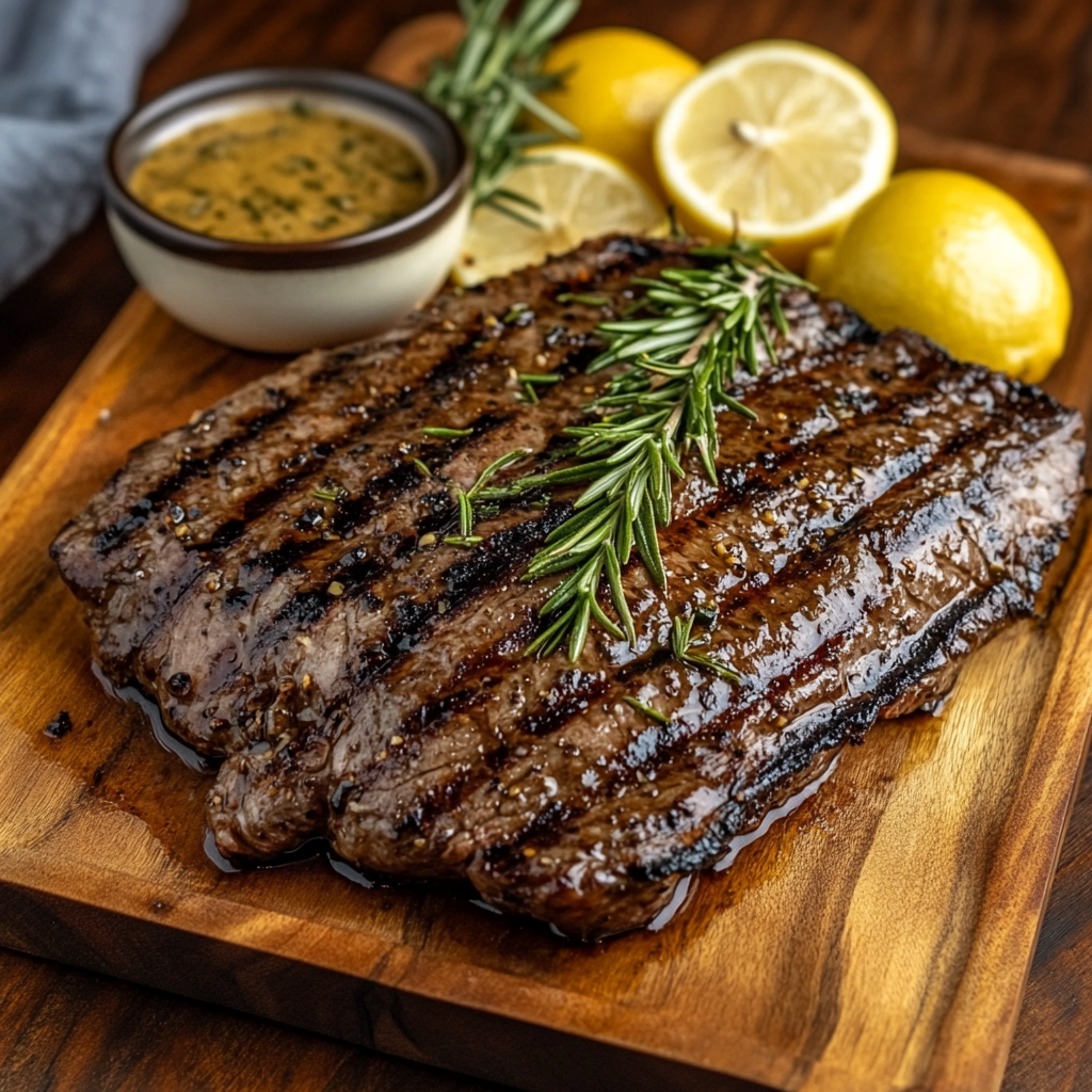 Close-up of grilled flank steak with char marks, garnished with rosemary and lemon slices