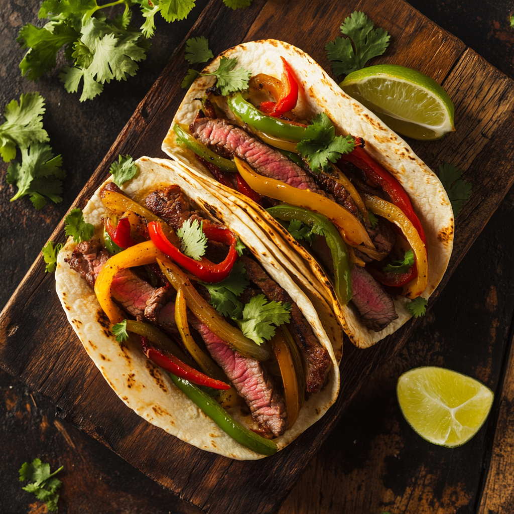 Flank steak fajitas with bell peppers, onions, and tortillas served with garnishes