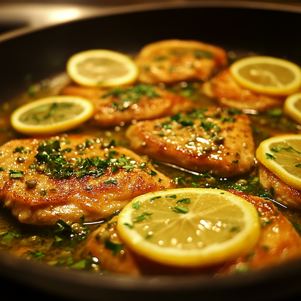 Golden chicken breasts in a skillet with lemon-caper sauce and fresh parsley