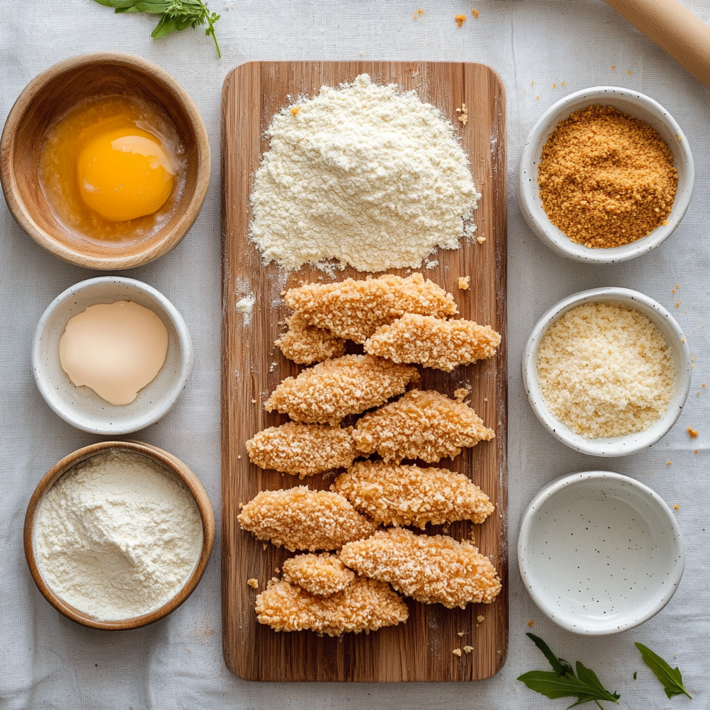 A step-by-step breading process for crispy baked chicken schnitzel, with flour, egg substitute, and breadcrumbs