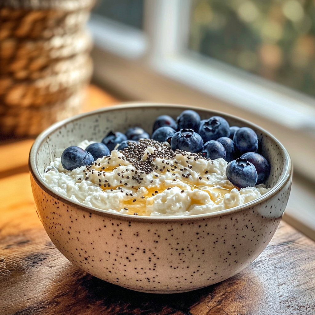 Bowl of cottage cheese topped with blueberries, chia seeds, and honey