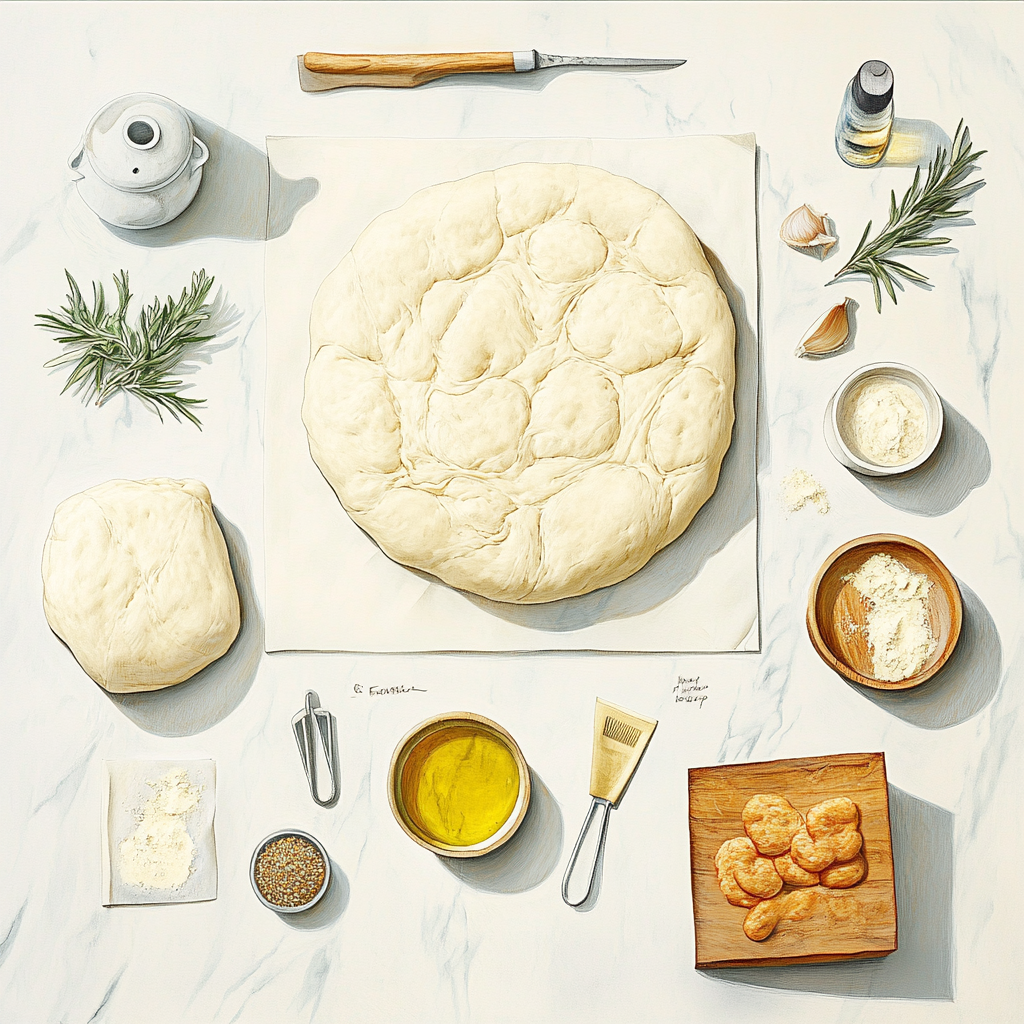 Focaccia dough during kneading, rising, dimpling, and proofing stages on a countertop