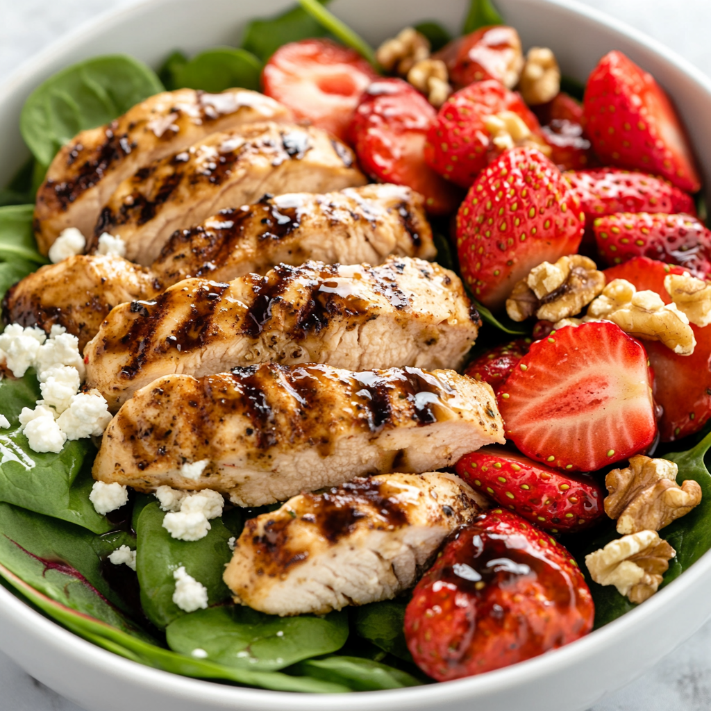 Grilled chicken and spinach salad with strawberries, walnuts, and goat cheese on a marble surface