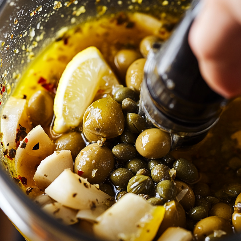 Food processor blending Kalamata olives with capers, garlic, and olive oil