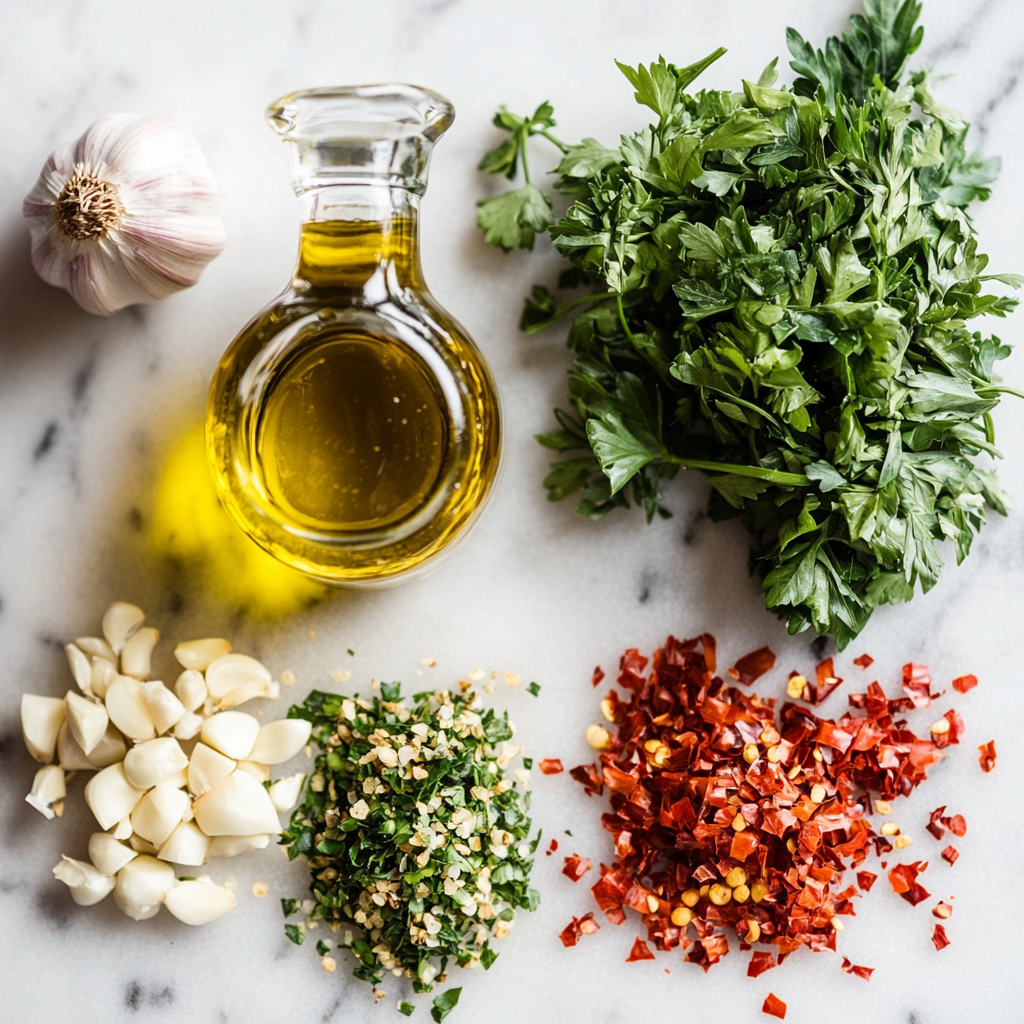 Ingredients for keto-friendly Italian dipping oil on a marble countertop