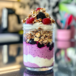 A keto-friendly Greek yogurt parfait layered with berries, nuts, and sugar-free syrup in a glass jar