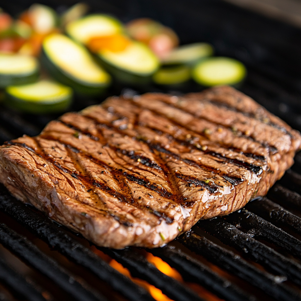 Flank steak cooking on a grill with char marks and sizzling perfection