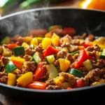 Ground turkey stir-fry with bell peppers and zucchini steaming in a skillet