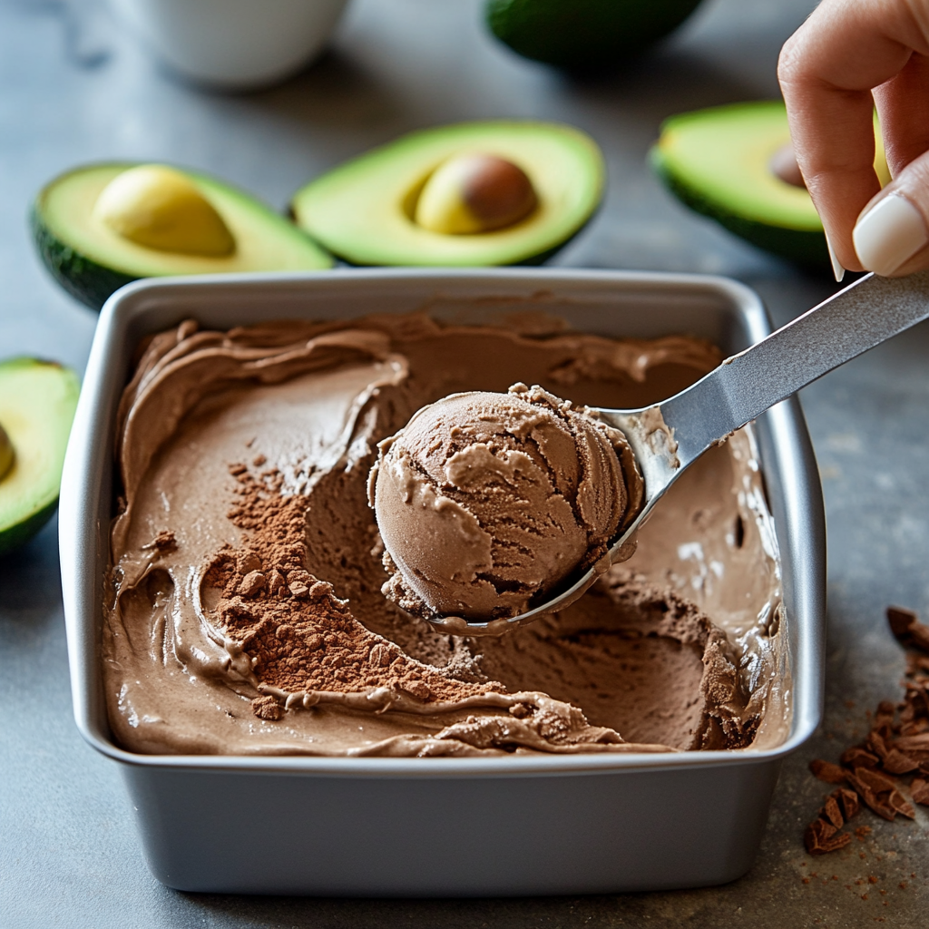 A scoop of keto ice cream being taken from a Ninja Creami with ingredients in the background