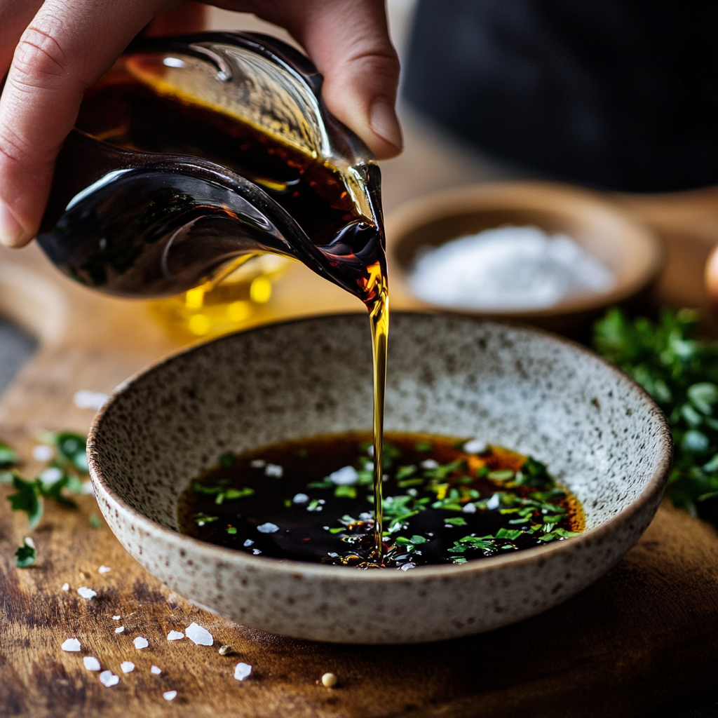 Close-up of balsamic vinegar being poured into a bowl of olive oil with herbs