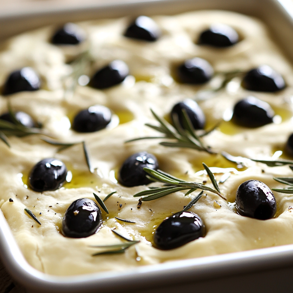 Unbaked focaccia dough with dimples, topped with black olives and fresh rosemary in a baking pan