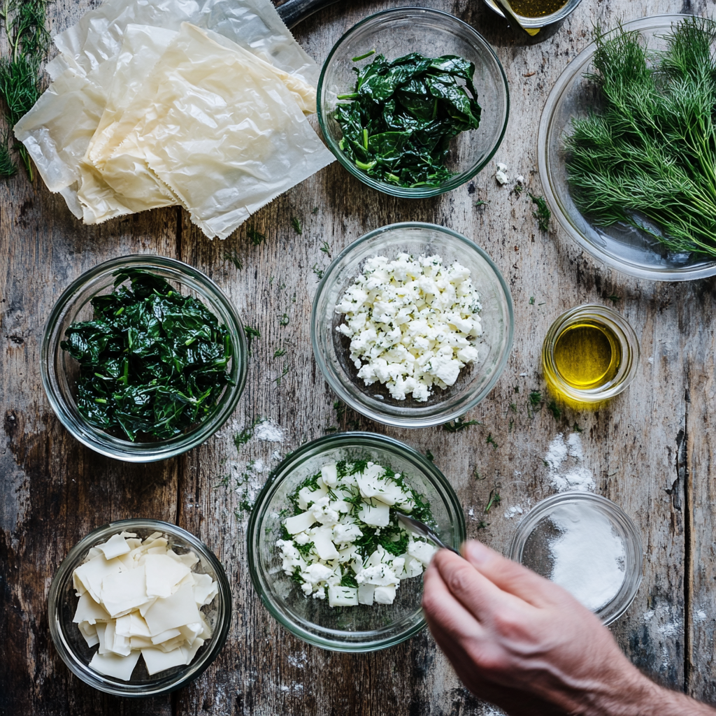 Fresh spinach, feta, and onions in bowls for Spanakopita filling preparation