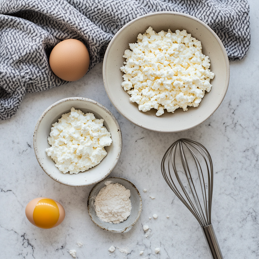 Cottage cheese and eggs displayed on a countertop with a whisk and bowl