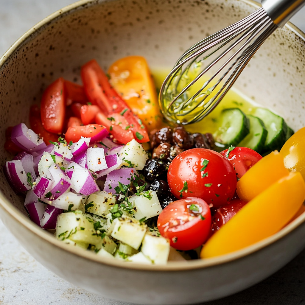 Whisking olive oil, red wine vinegar, and herbs for Greek salad dressing