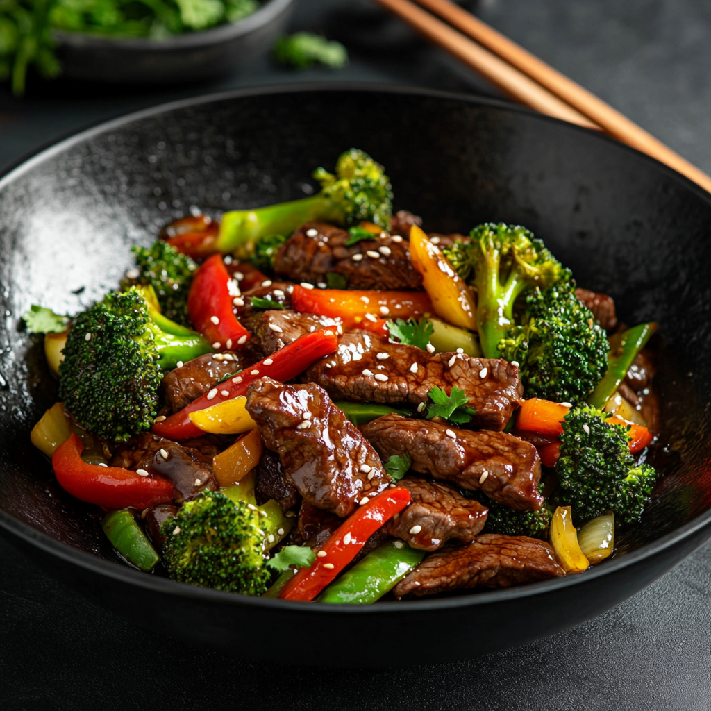 Flank steak stir-fry with vegetables and soy-ginger sauce served in a wok