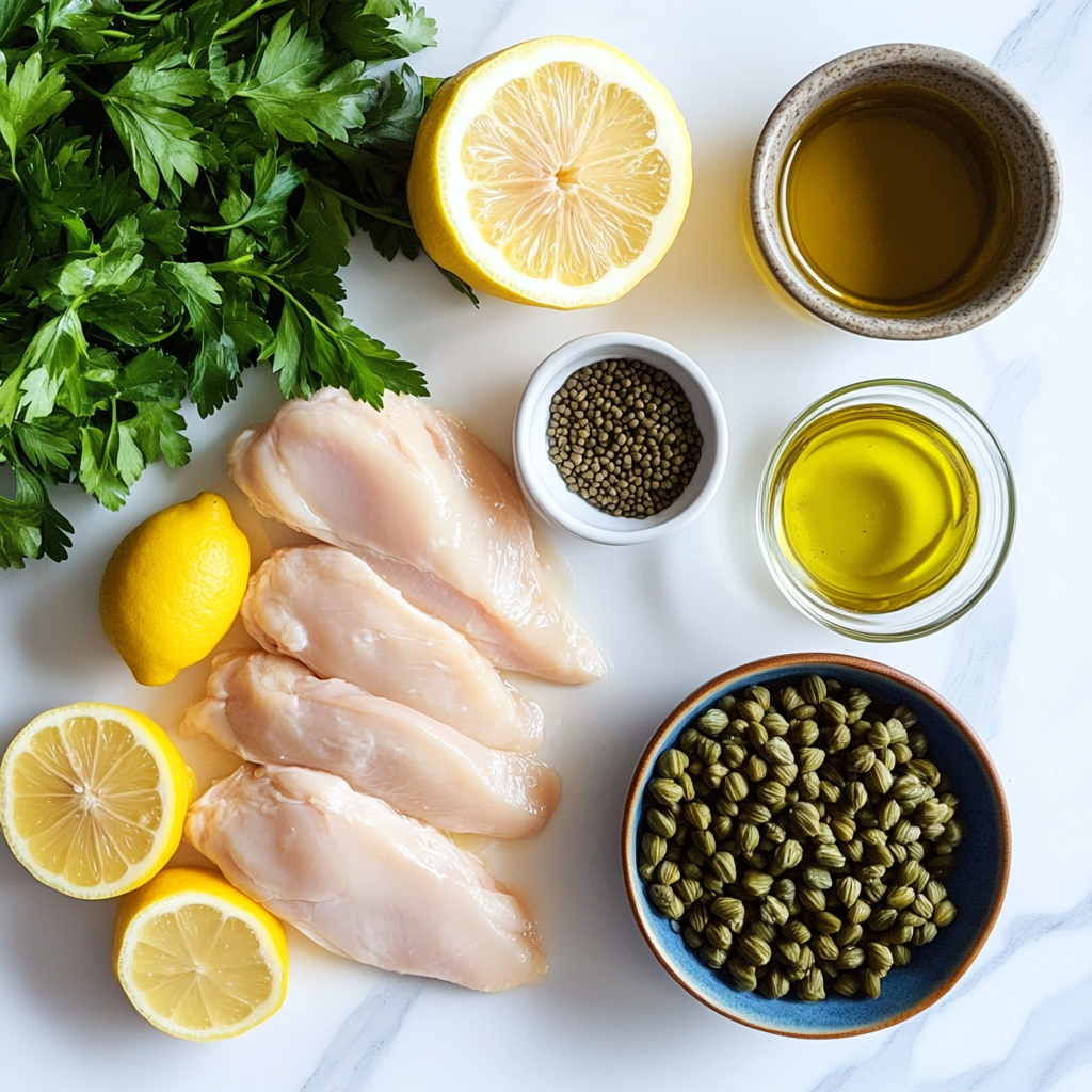 Ingredients for healthy chicken piccata: chicken, lemons, parsley, capers, olive oil, and broth