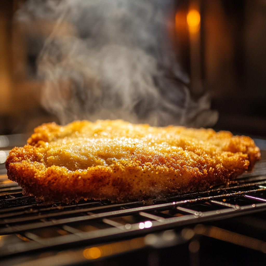 A golden baked chicken schnitzel on a wire rack, straight out of the oven