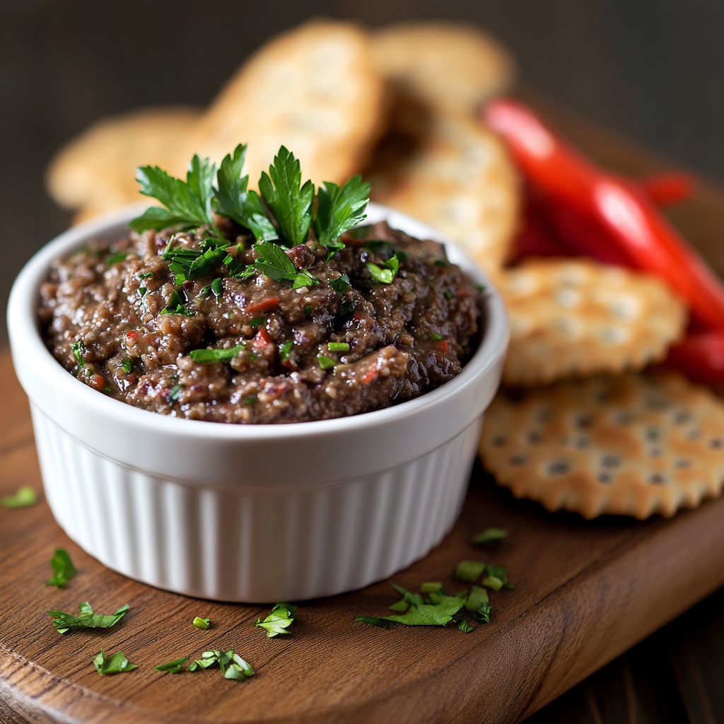 A bowl of Kalamata olive tapenade with crackers and vegetables on a wooden serving board