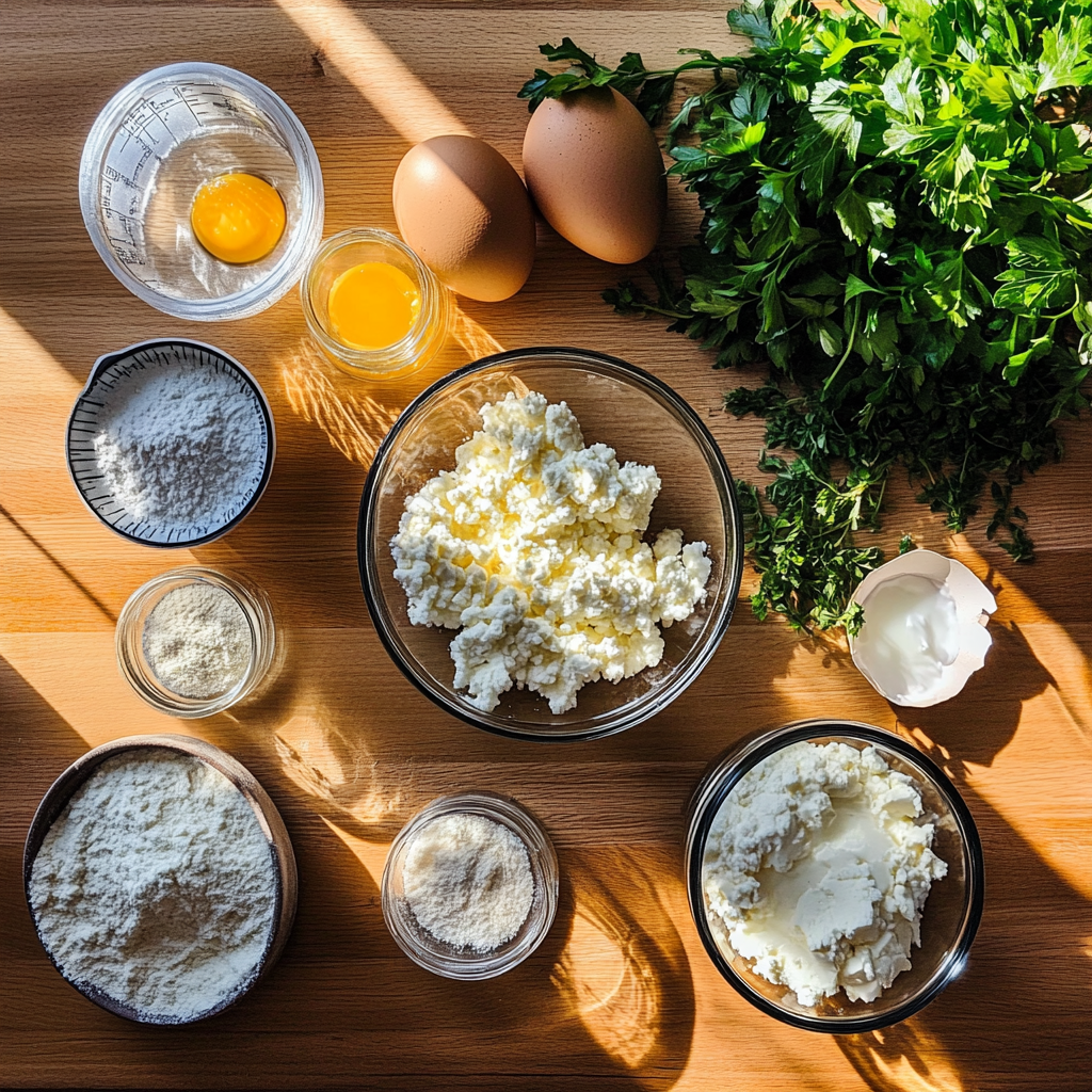 Fresh cottage cheese, eggs, almond flour, coconut flour, and herbs for keto flatbread preparation on a wooden kitchen counter