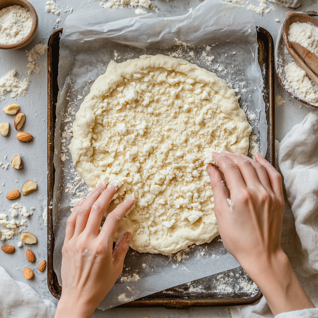 Hands shaping keto cottage cheese dough on a parchment-lined baking tray, with almond and coconut flour nearby