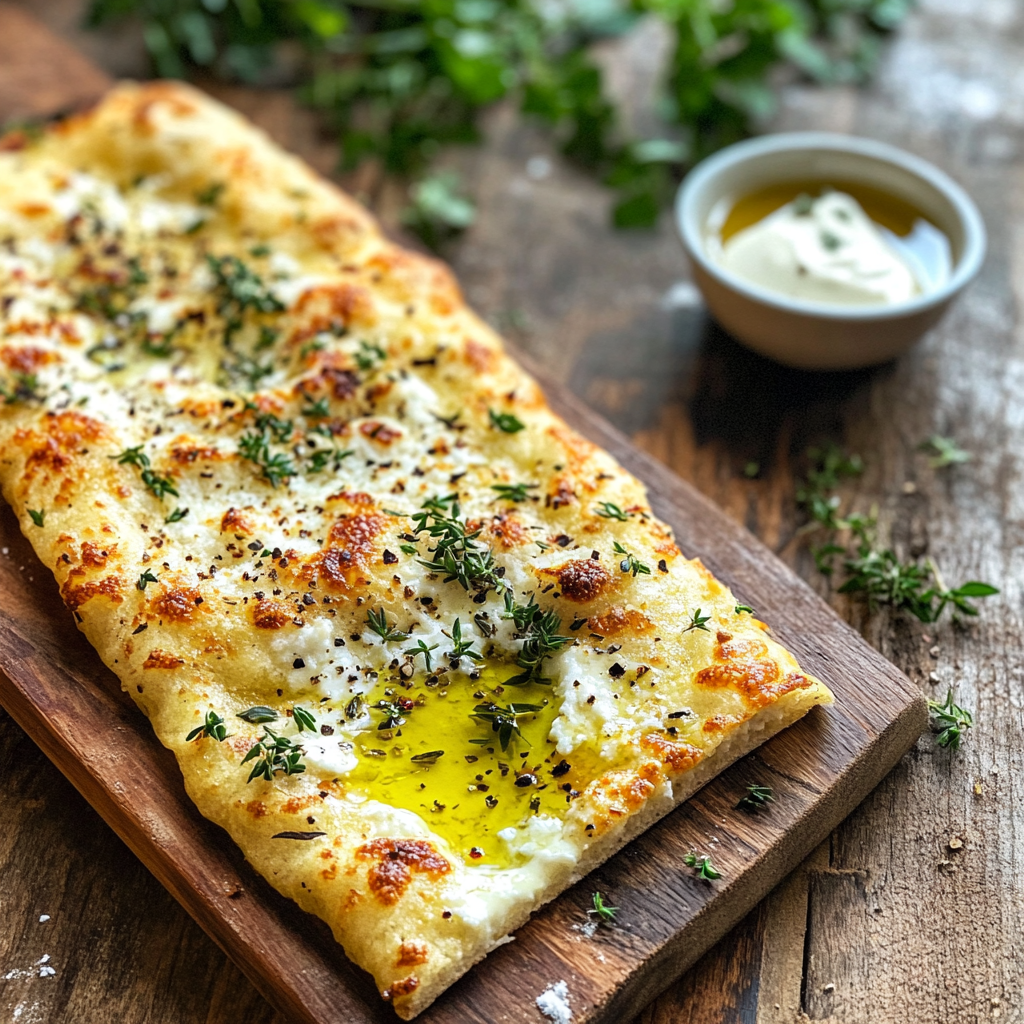 A golden-brown keto cottage cheese flatbread garnished with herbs, served with dipping sauce on a rustic wooden table