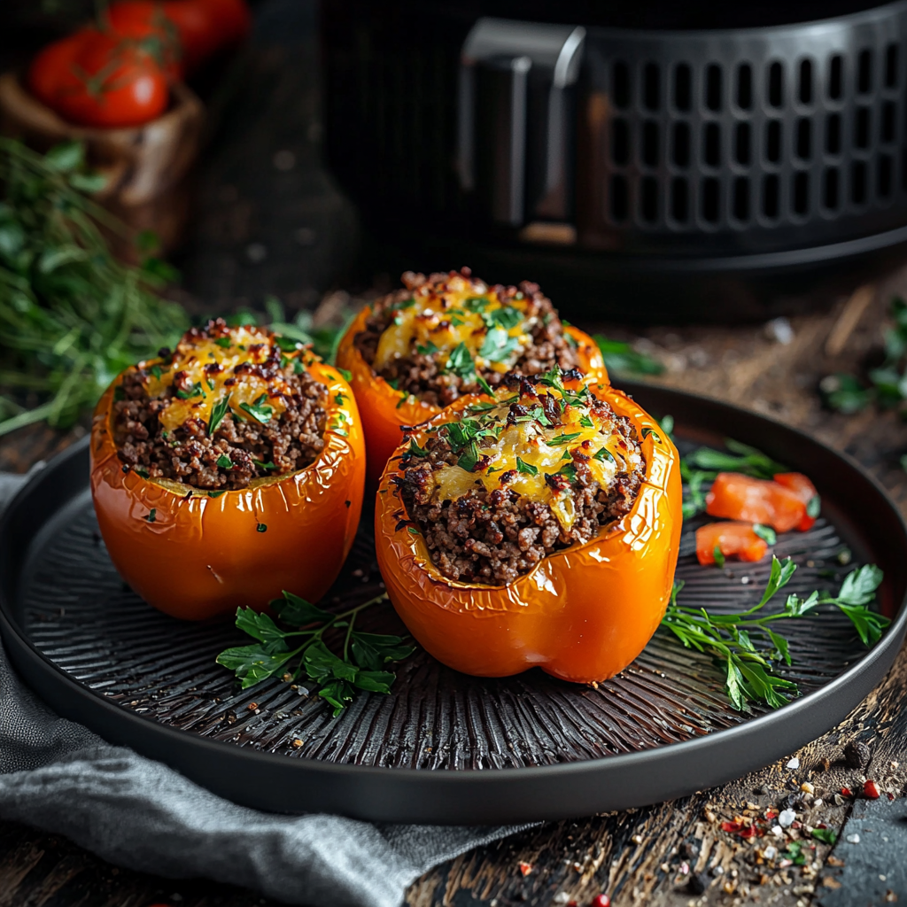 Keto-friendly beef-stuffed bell peppers made in an air fryer