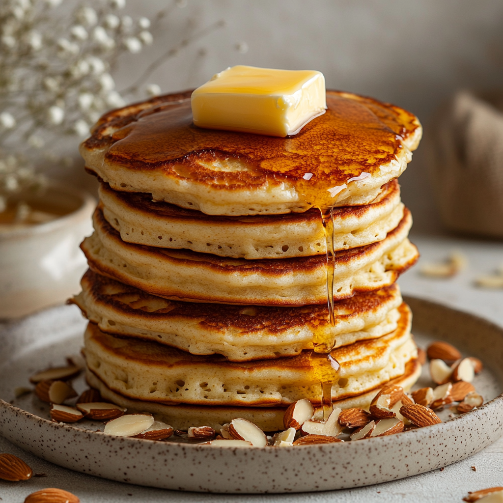 Cottage cheese pancakes stacked with butter, almonds, and sugar-free syrup