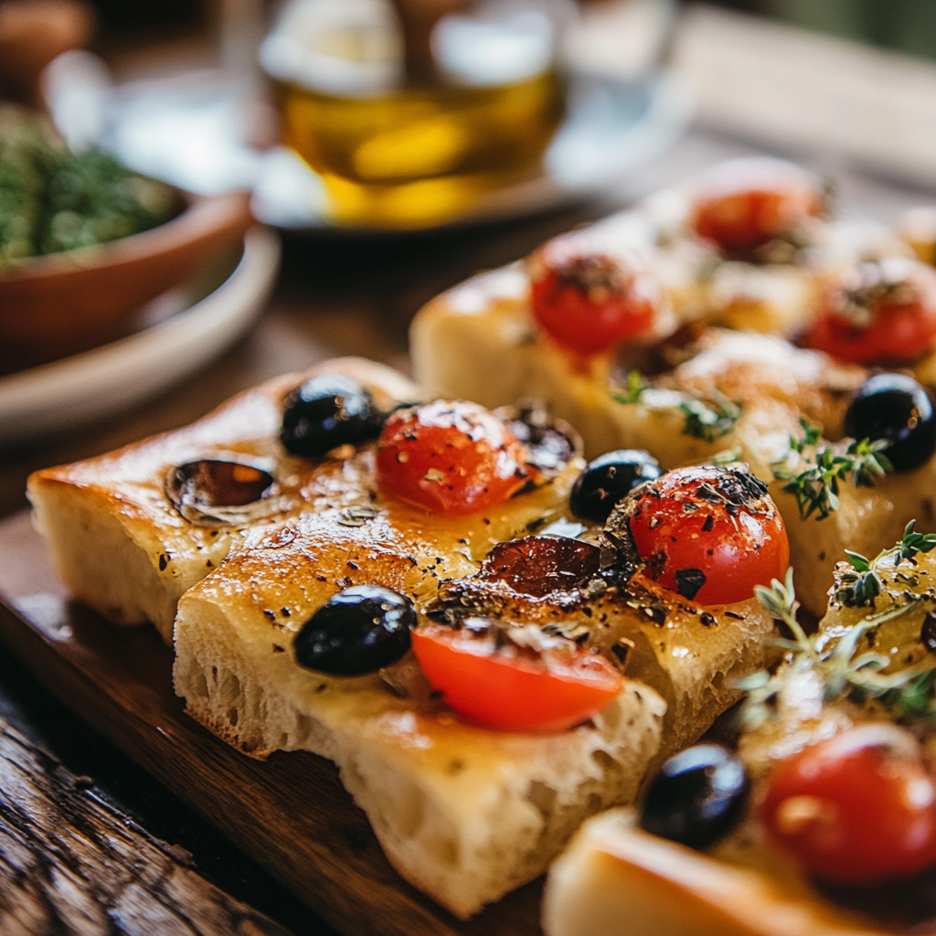 Close-up of sliced focaccia with cherry tomatoes and black olives served at a dinner table