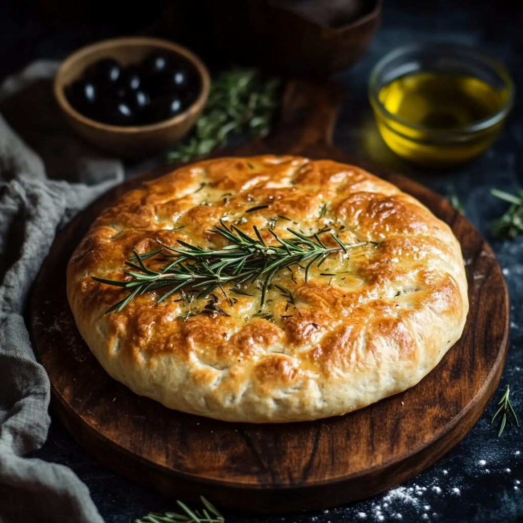 Freshly baked golden focaccia loaf with black olives and rosemary on a wooden board