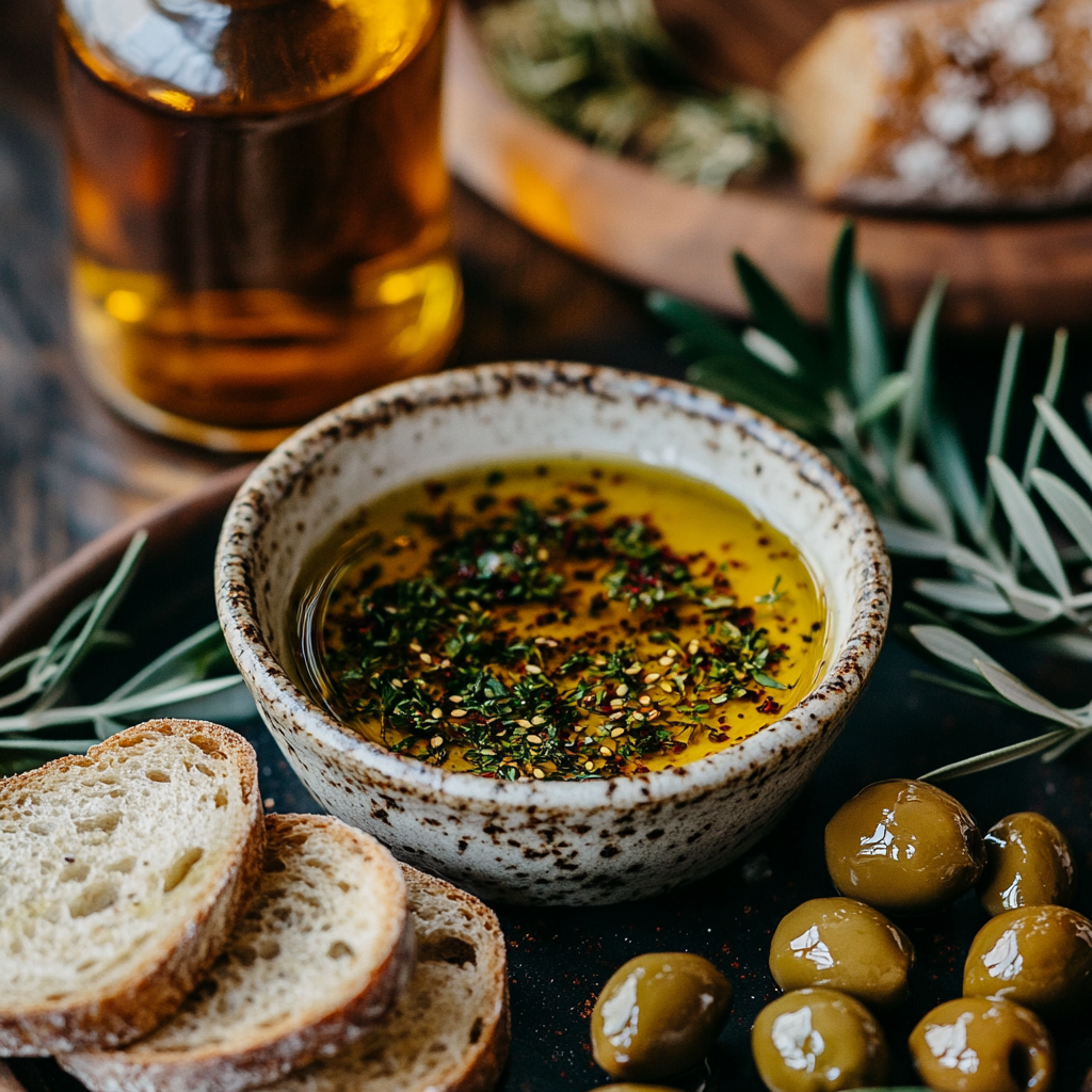 Herb-infused olive oil dipping sauce with bread and olives on a decorated table