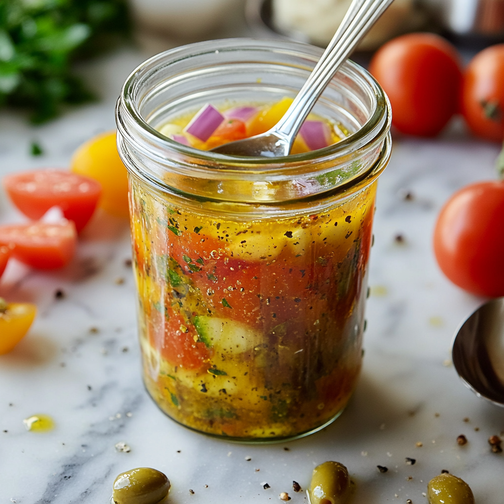 Homemade Greek salad dressing in a glass jar with a spoon