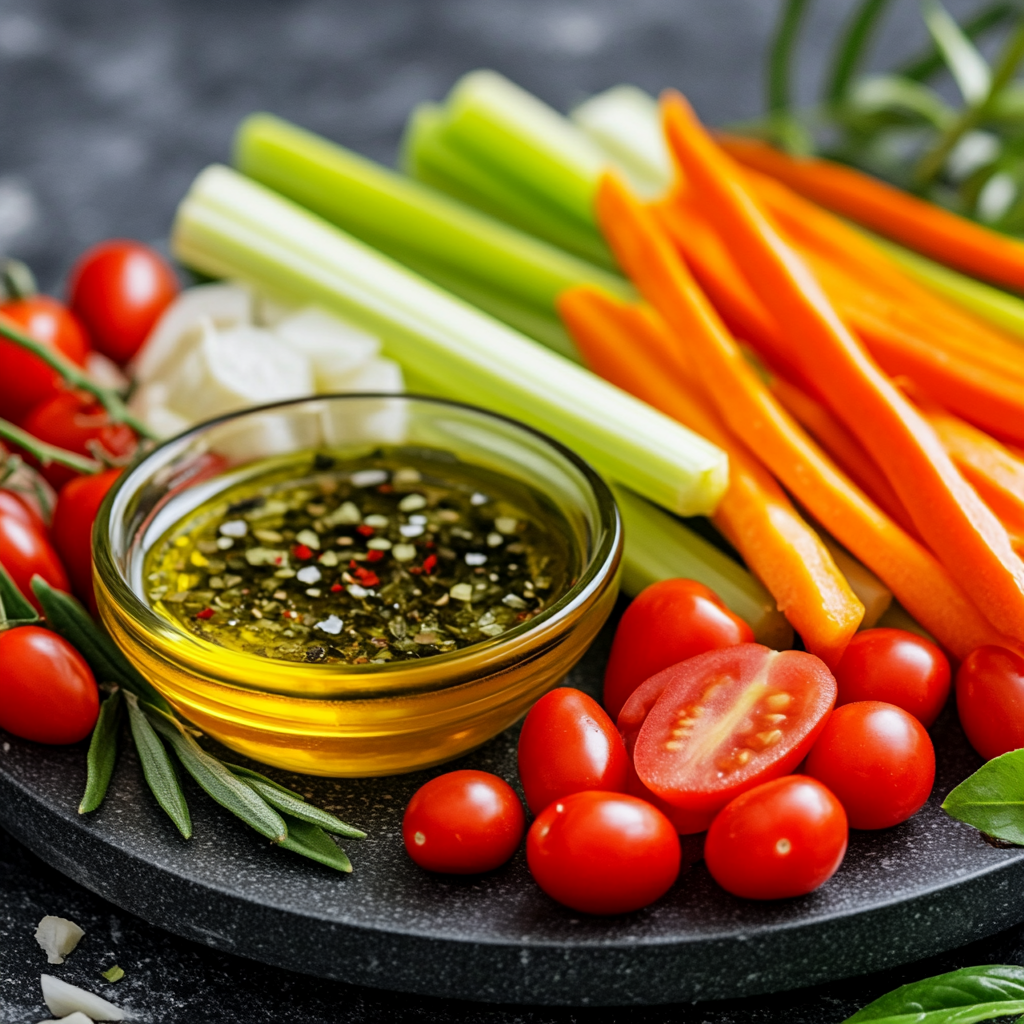 Italian dipping oil served with fresh keto-friendly vegetable sticks